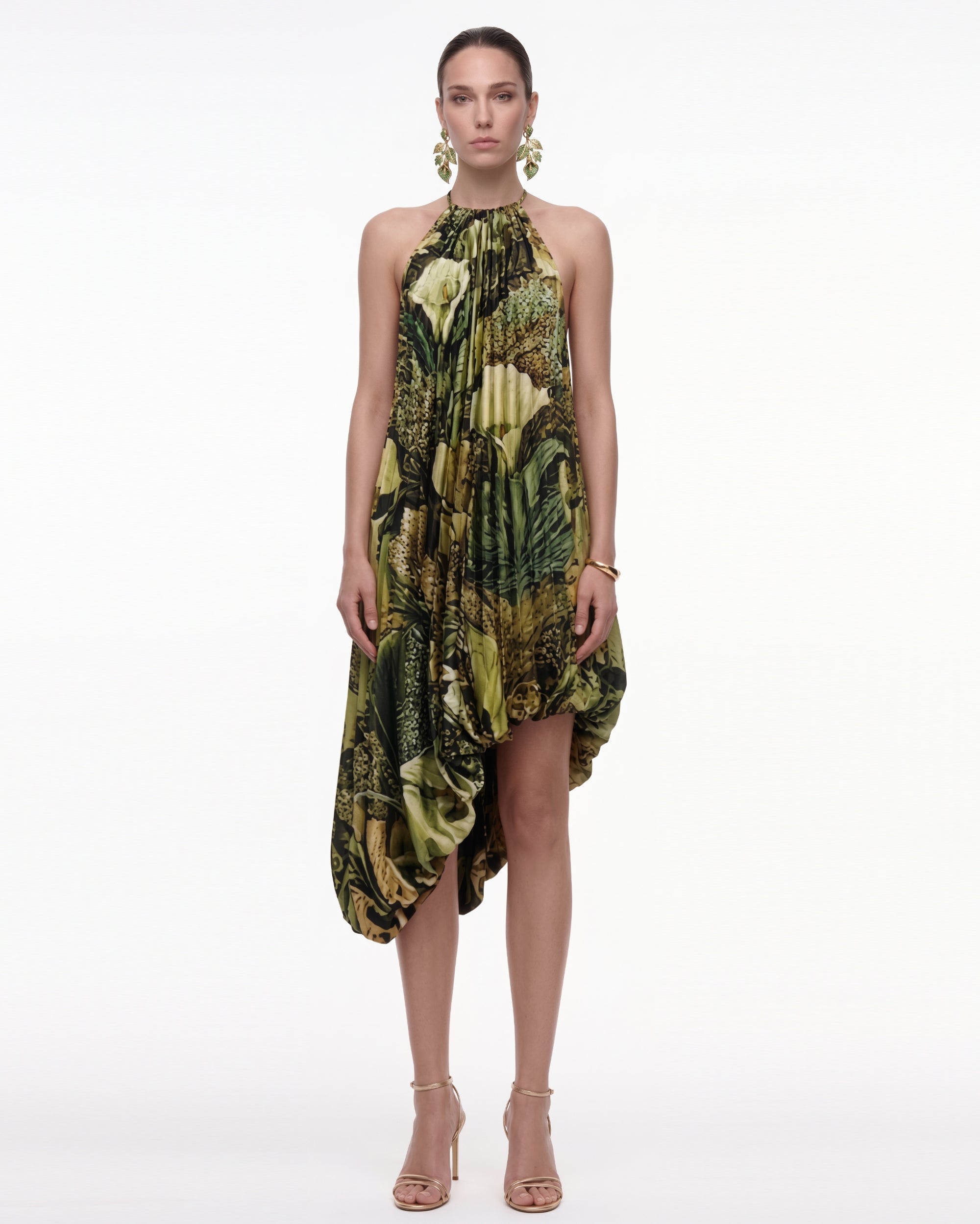 Floral Print Halter Asymmetric Bubble-Hem Midi Dress - Olive Green