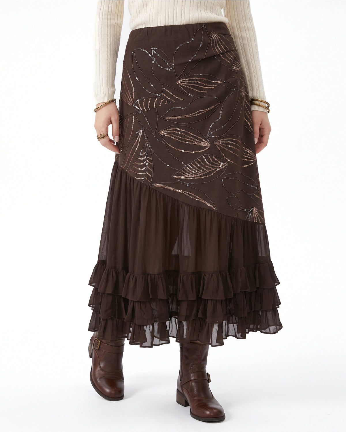 Asymmetric Ruffled Chiffon Boho Maxi Skirt - Deep Mocha