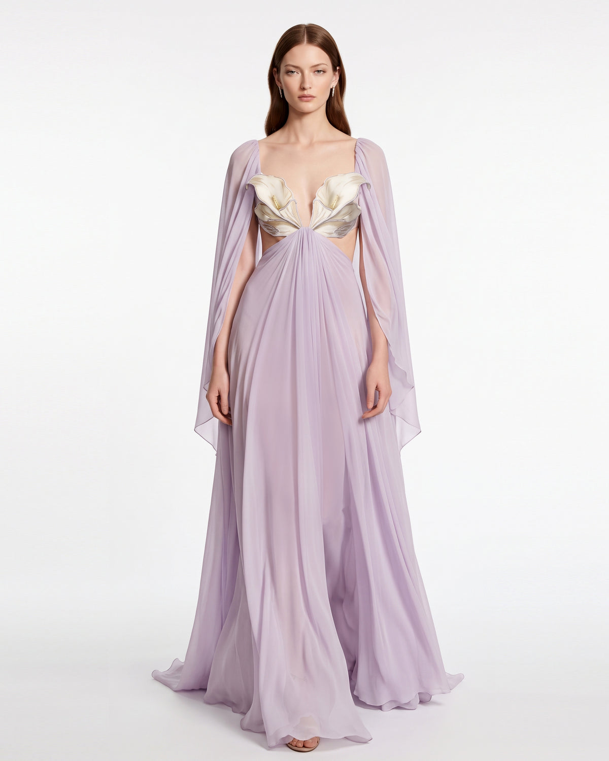 3D Floral Cape-Sleeve Chiffon Maxi Dress - Lavender