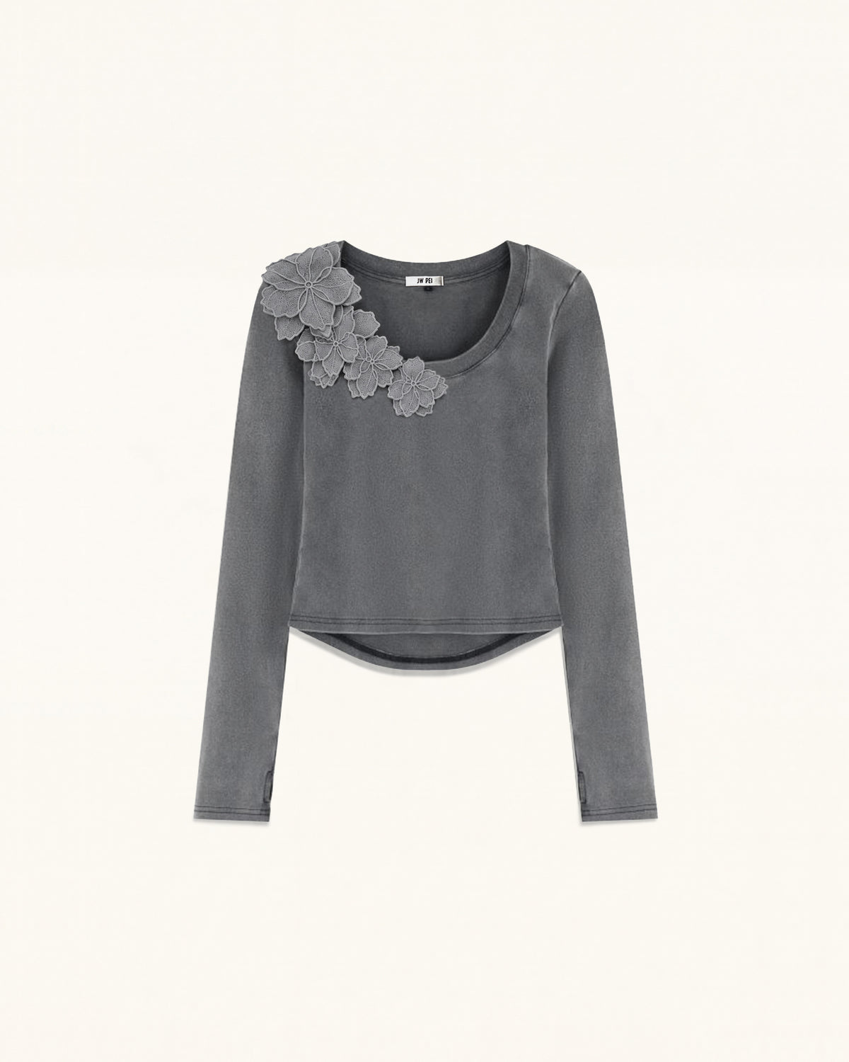 Lace Appliqué Scoop Neck Curved Cropped Tee - Washed Slate