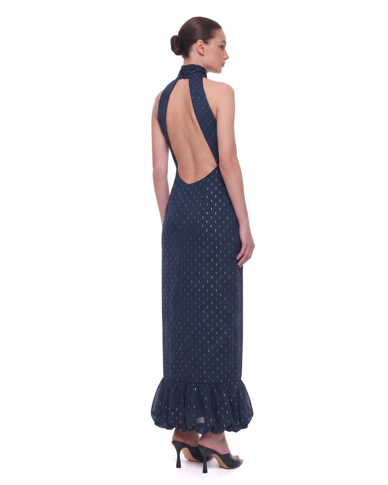 Embellished Halter Backless Balloon-Hem Maxi Dress - Navy