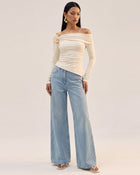 3D Embroidered Tulip Off-Shoulder Draped Top - Cream