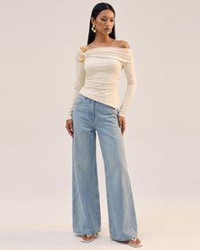 3D Embroidered Tulip Off-Shoulder Draped Top - Cream
