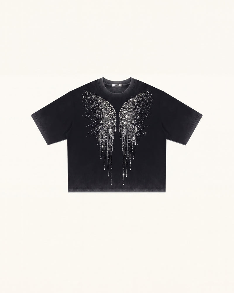 The Angelic Dripping Crystal Wings Tee - Black