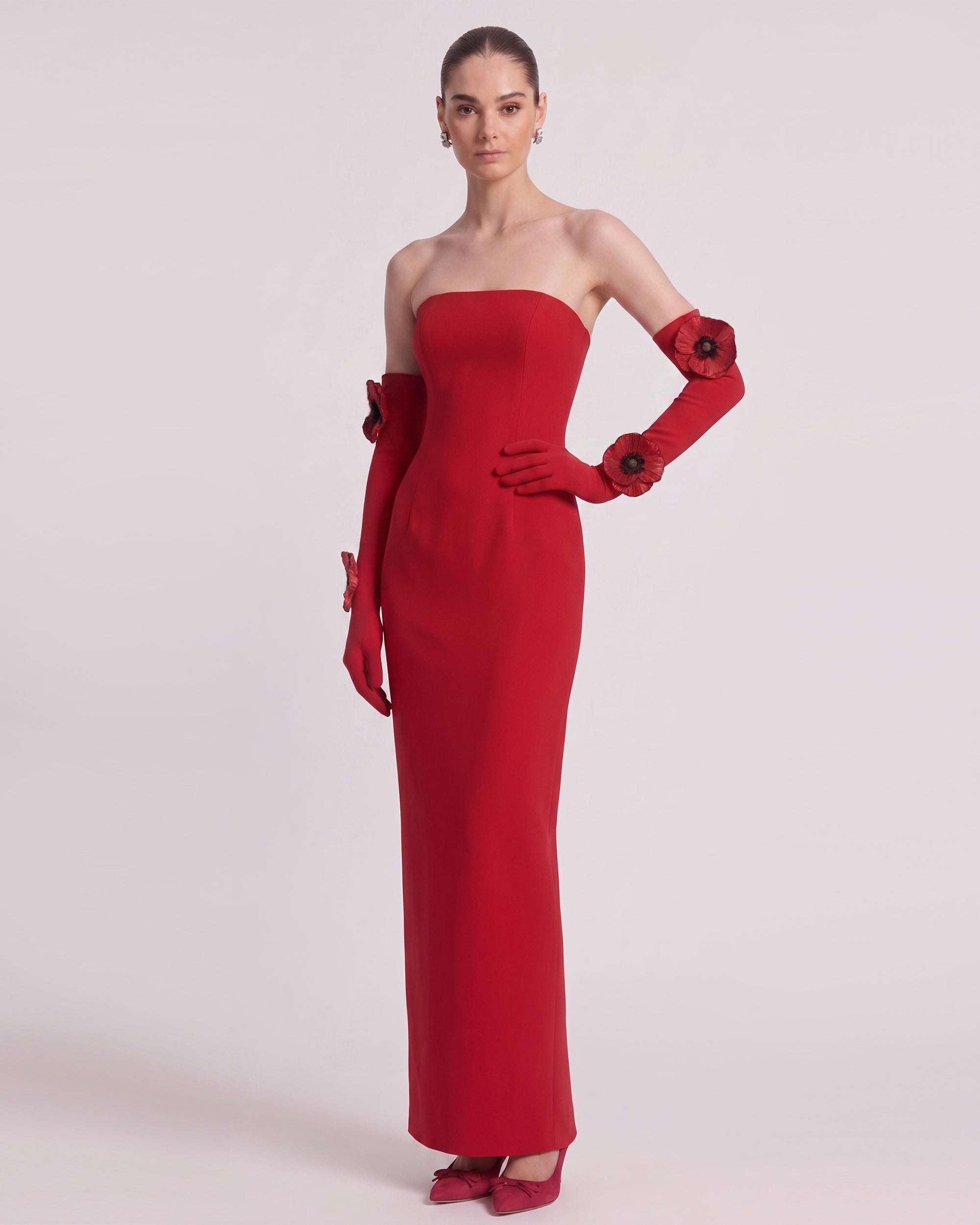 3D Floral Corn Poppy Strapless Column Maxi Dress - Scarlet Red