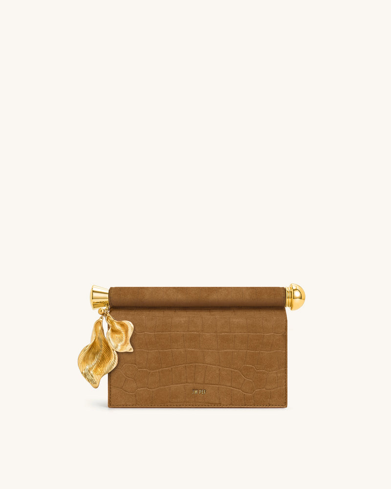 Holly Faux Suede Metal Pendant Embellished Clutch - Brown