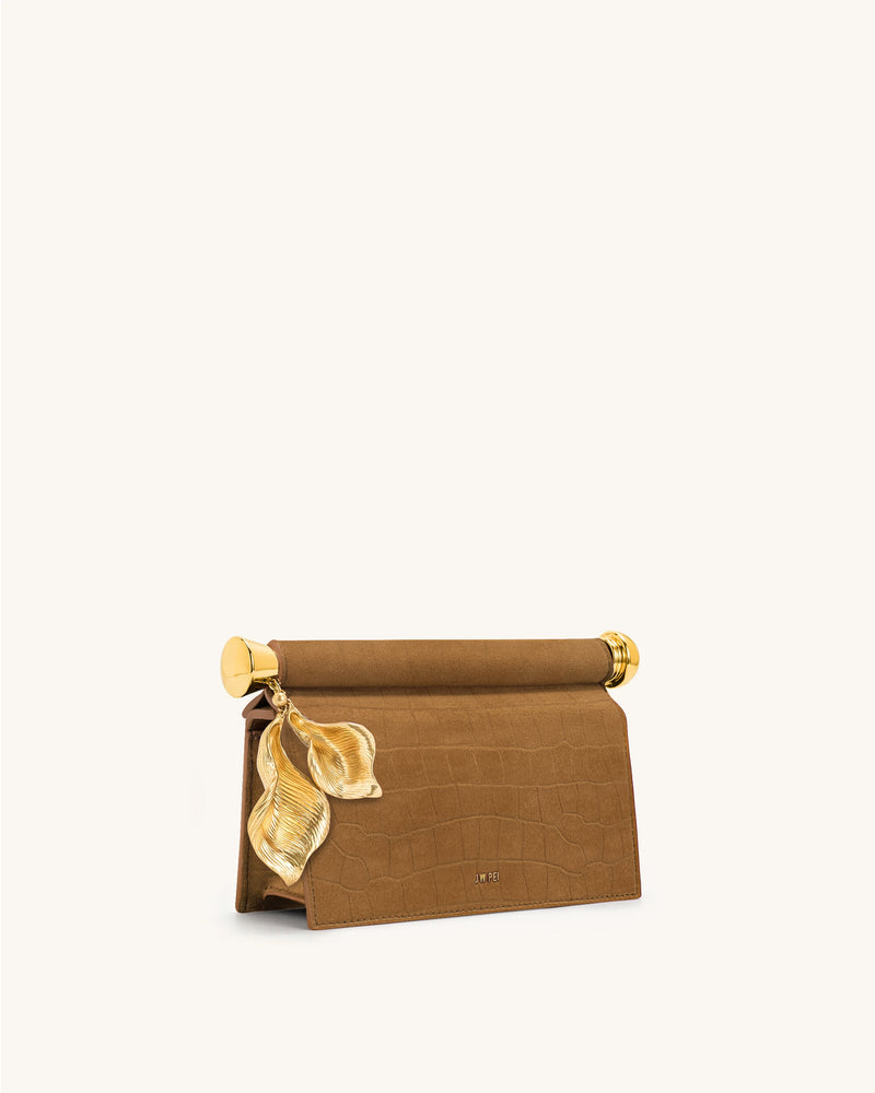 Holly Faux Suede Metal Pendant Embellished Clutch - Brown