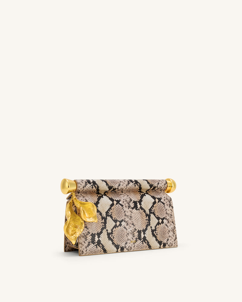Holly Metal Pendant Embellished Snakeskin Clutch - Apricot