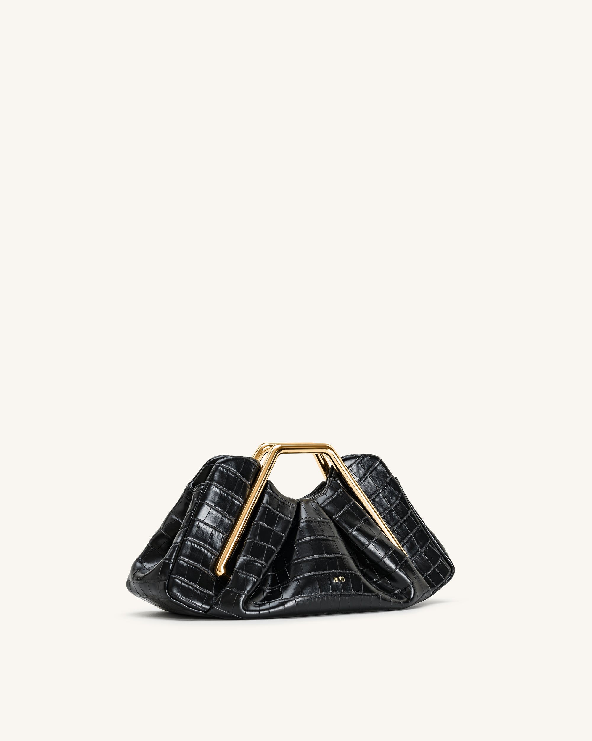 Lila Faux Croc-Effect Metal Frame Clutch - Black