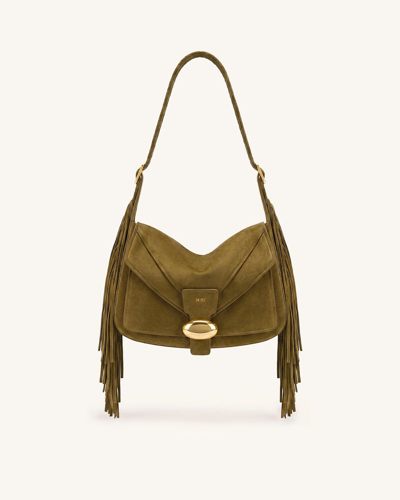 Avery Fringe Faux Suede Shoulder Bag - Green