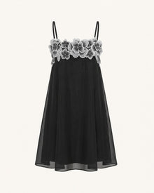 Flower Embroidered Detail Spaghetti Strap Mini Dress - Black