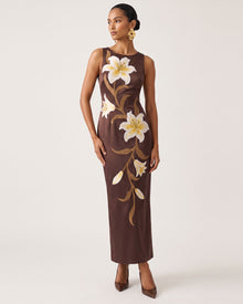 Lily Floral Print Sleeveless Column Maxi Dress - Brown