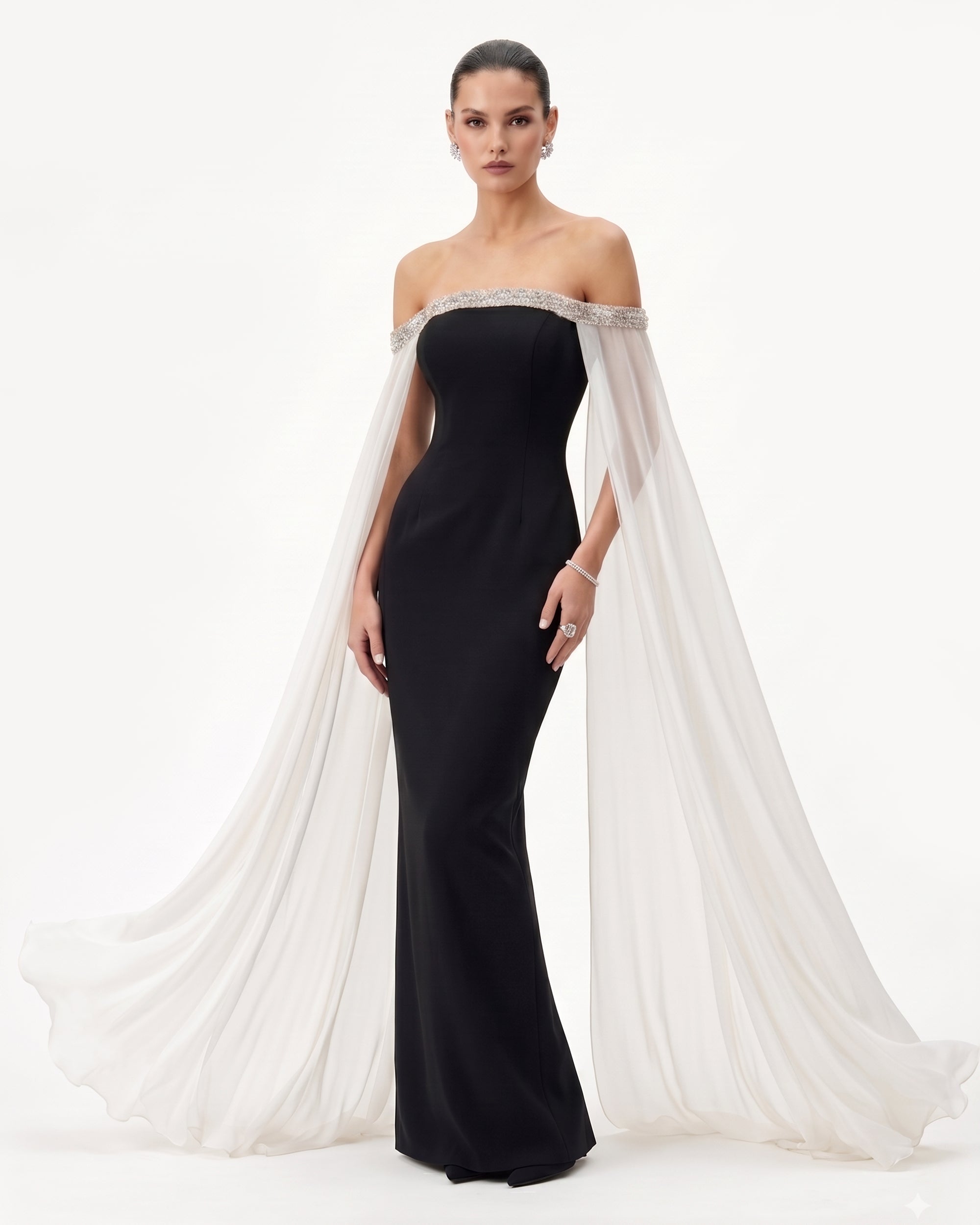 Crystal-Trim Off-Shoulder Cape Maxi Dress - Black & Ivory
