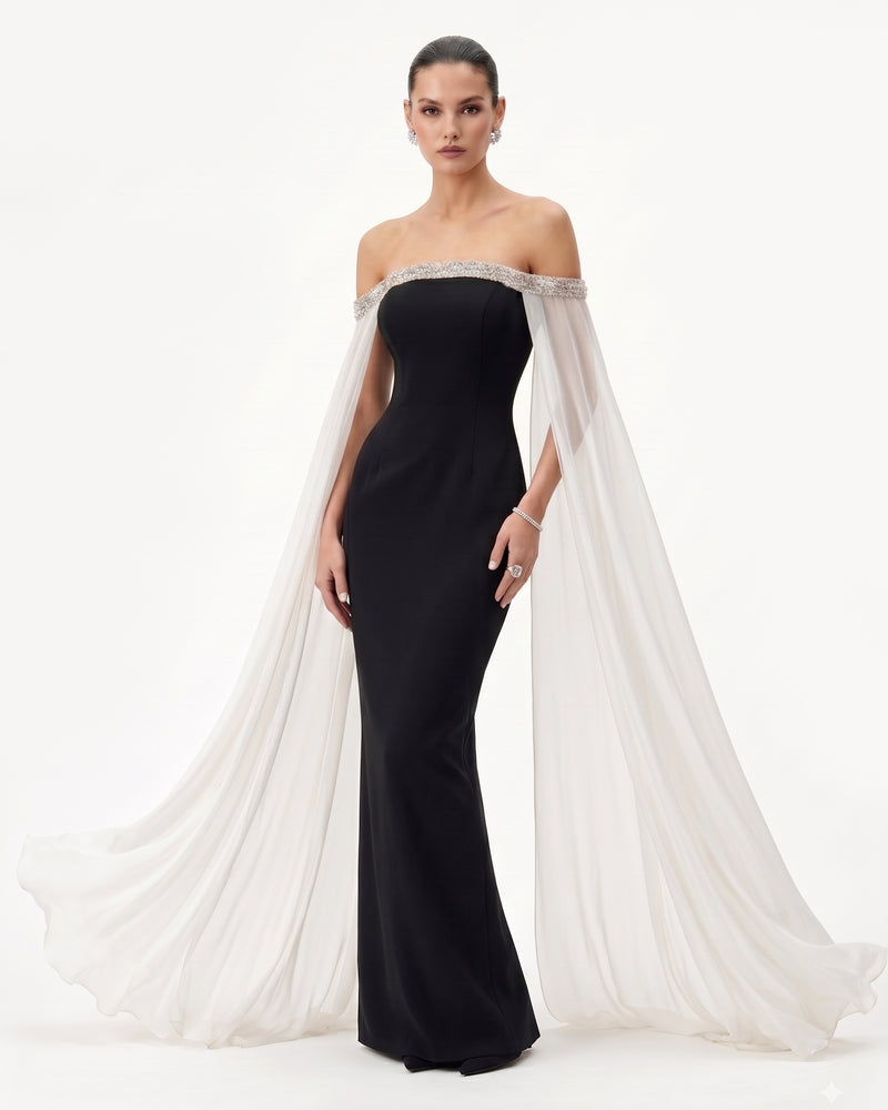 Crystal-Trim Off-Shoulder Cape Maxi Dress - Black & Ivory
