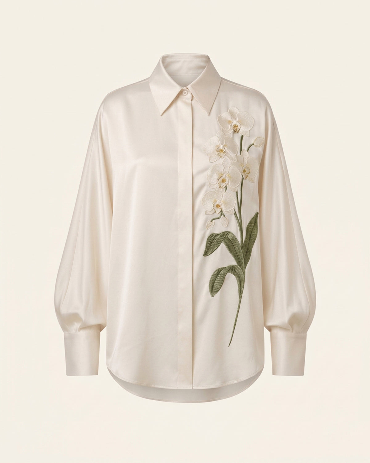 Satin Long-Sleeve Shirt with Orchid Embroidery - Ivory White