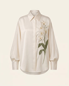 Satin Long-Sleeve Shirt with Orchid Embroidery - Ivory White