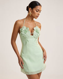 Flower Embroidered Mini Dress - Light Mint Green