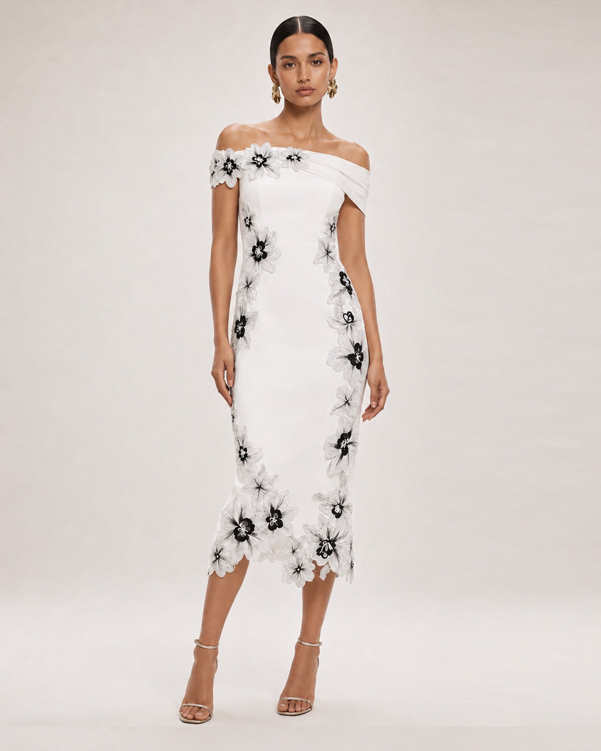 Flower Embroidered Off Shoulder Midi Dress - White