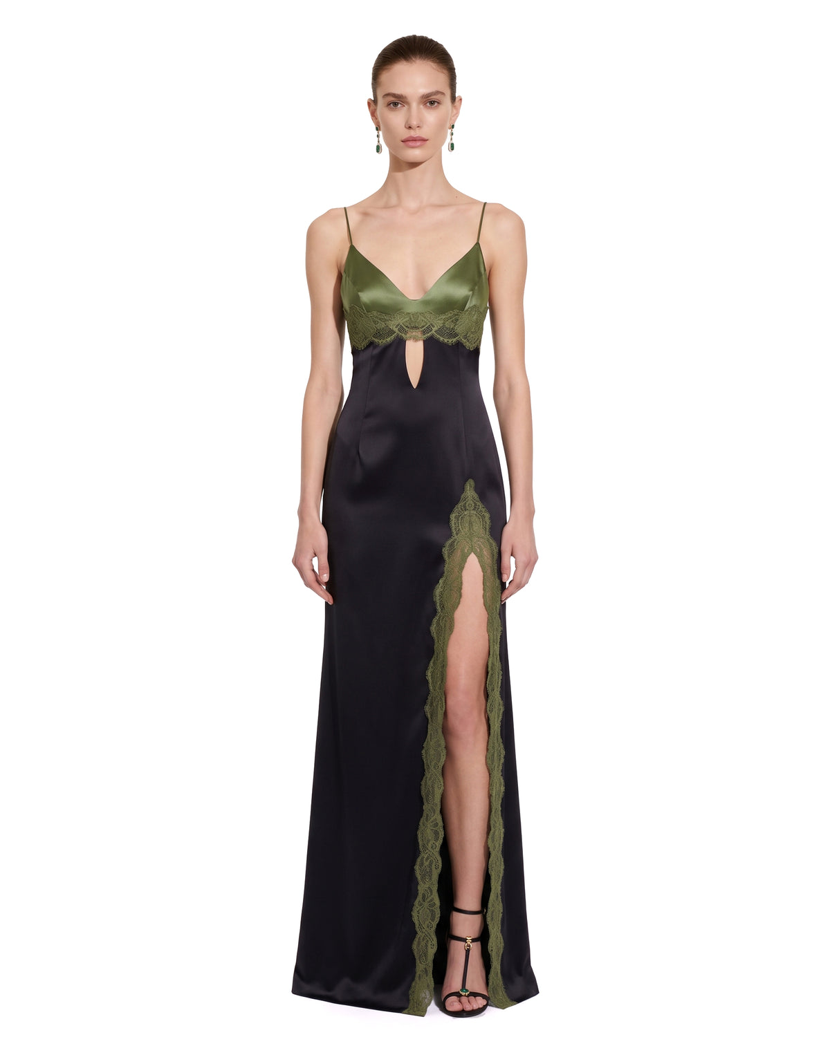 Lace-Trim Cutout Slit Satin Maxi Dress - Black & Olive