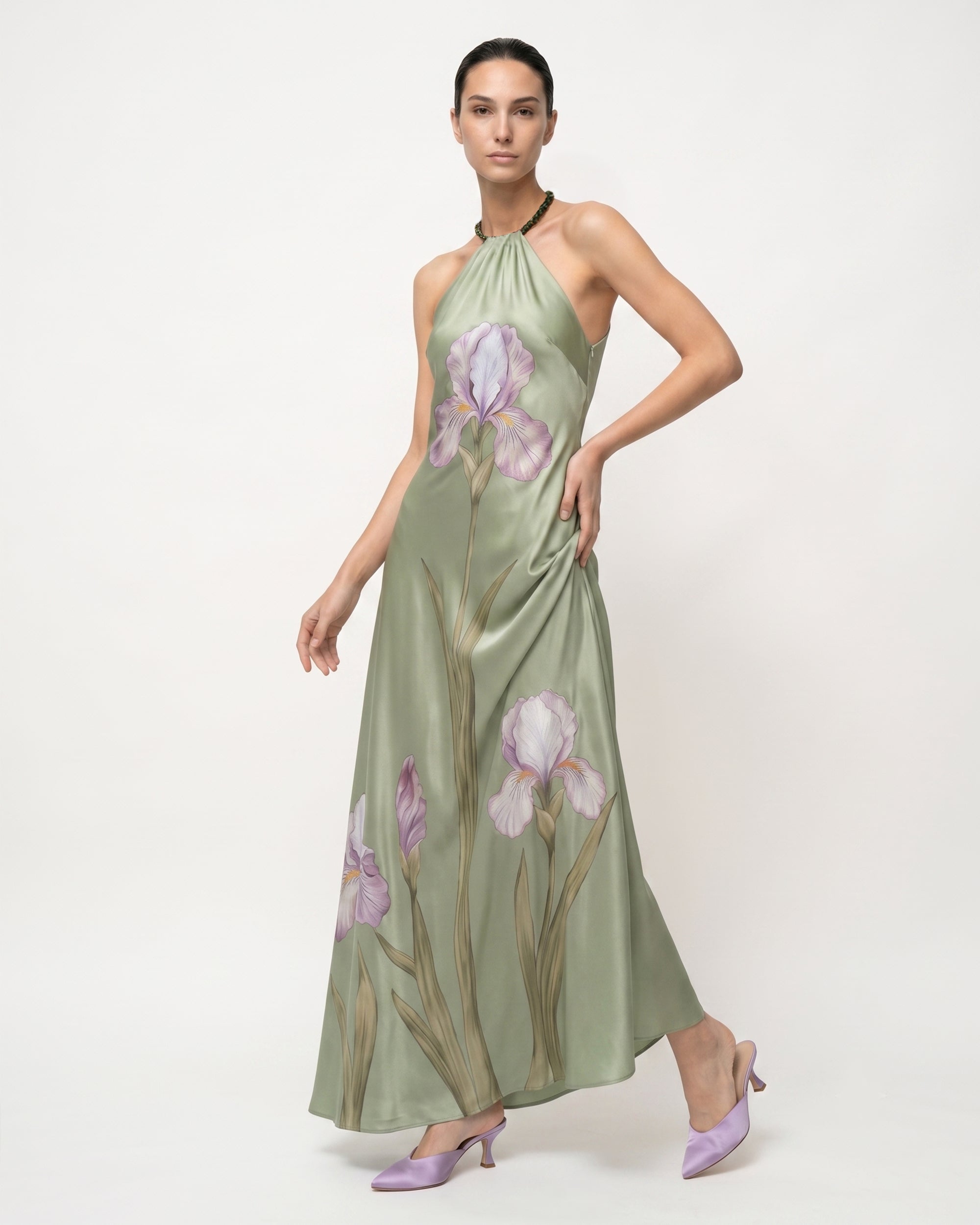 Iris Floral Print Halter
 Maxi Dress - Pistachio