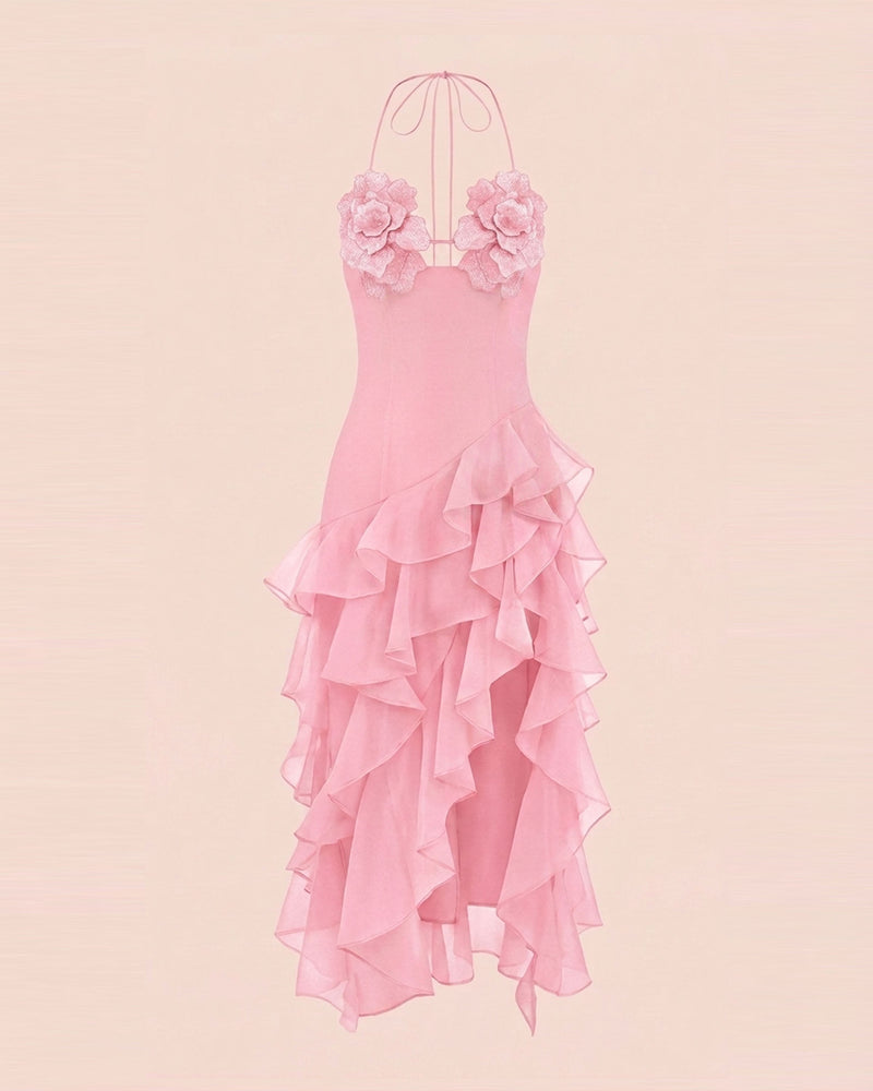 Flower Embroidered High-Low Ruffle Midi Dress - Blush Pink