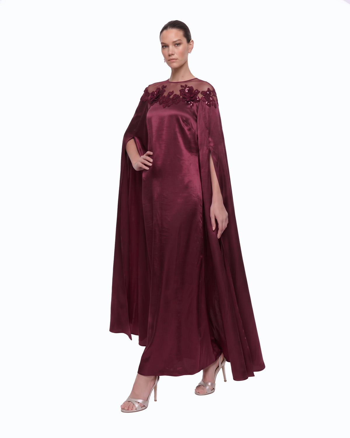 3D Floral Cape Maxi Dress - Deep Burgundy
