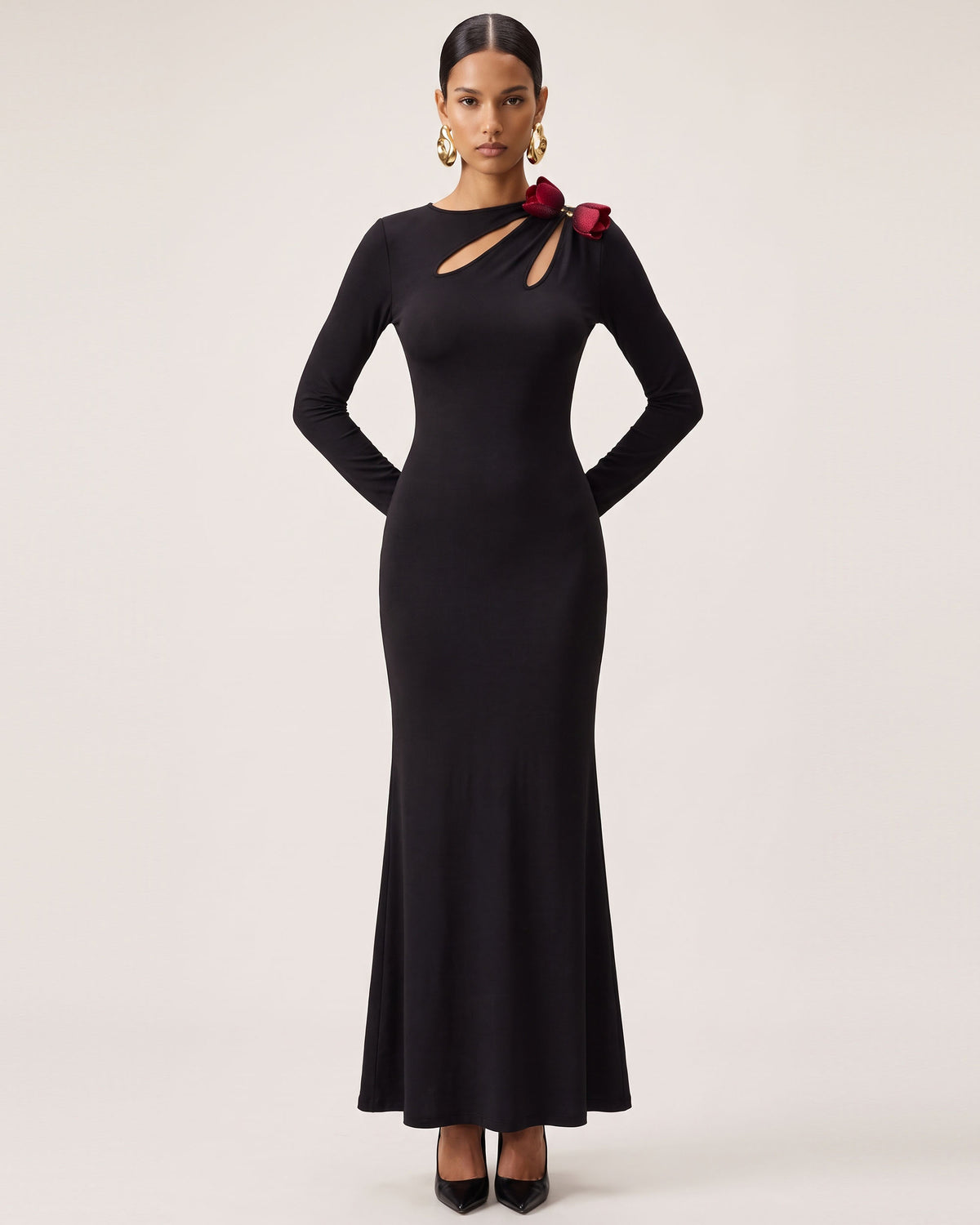 3D Embroidered Tulip Cutout Maxi Dress - Black