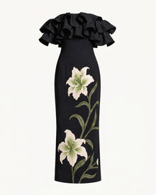 Lily Embroidered Ruffled Off-Shoulder Maxi Dress - Black