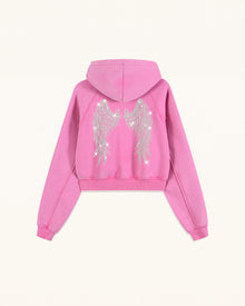 The Darling Crystal Feather Wing Cropped Hoodie - Acid Pink