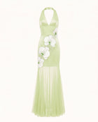Orchid Embroidered Sheer Hem Halter Maxi Dress - Green