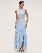 Orchid Embroidered Halter Asymmetric Ruffle Maxi Dress - Light Blue