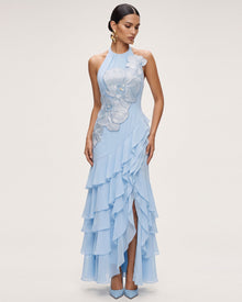 Orchid Embroidered Halter Asymmetric Ruffle Maxi Dress - Light Blue