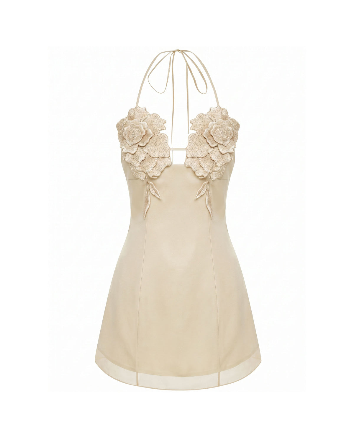 Flower Embroidered Mini Dress - Light Champagne