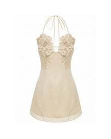 Flower Embroidered Mini Dress - Light Champagne