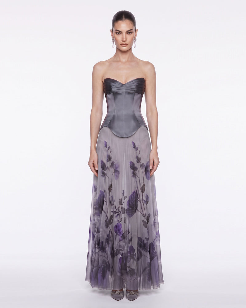 Floral Pleated Corset Maxi Dress - Slate Purple