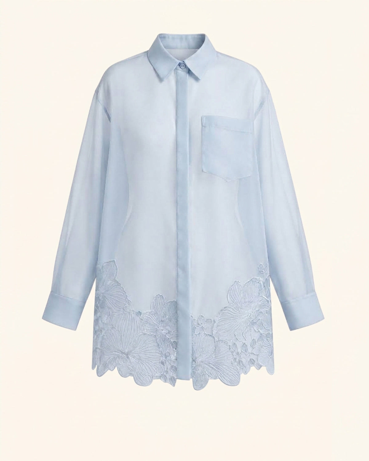 Orchid-Embroidered Button-Collar Shirt - Light Blue