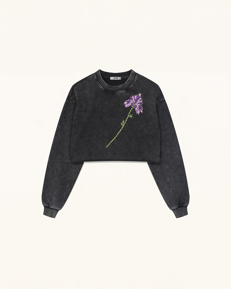 Gem Flower Embellished Cotton T-Shirt - Faded Obsidian