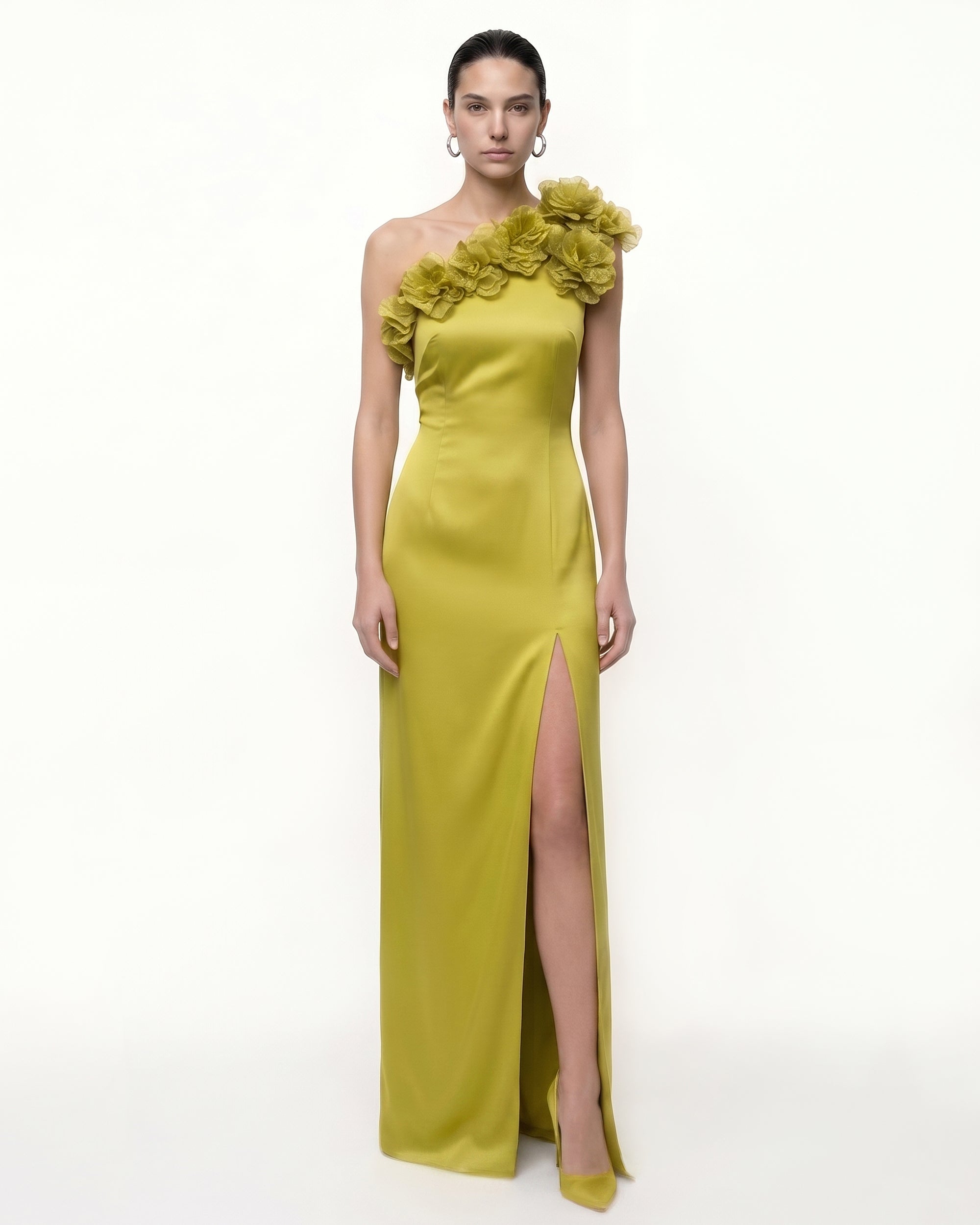 Floral Appliqué One-Shoulder Column Maxi Dress - Lime Green