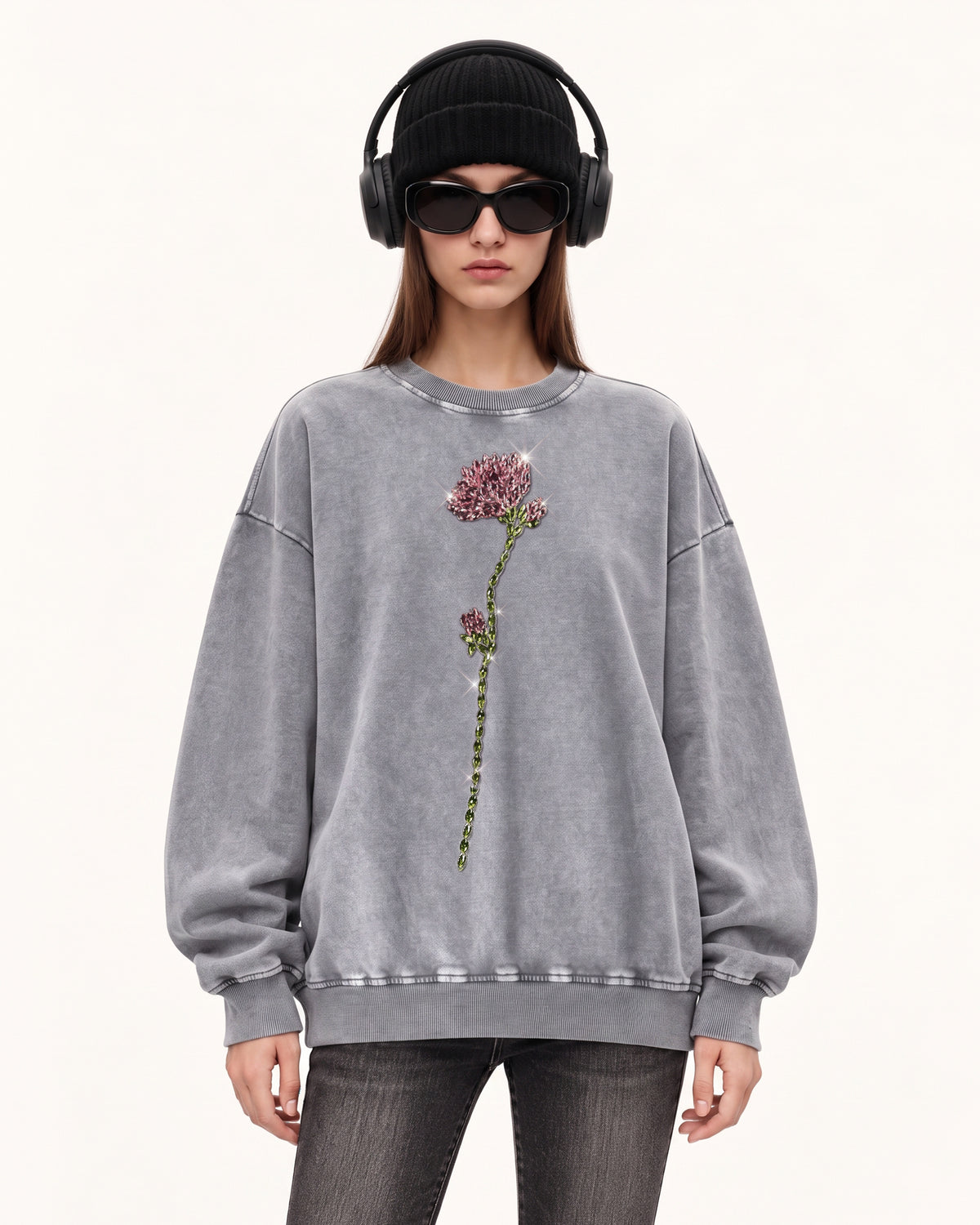 The Enchanted Rhinestone Rose Pullover - Washed Slate