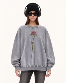 The Enchanted Rhinestone Rose Pullover - Washed Slate