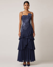 Orchid Embroidered Ruffled One-Shoulder Maxi Dress - Navy