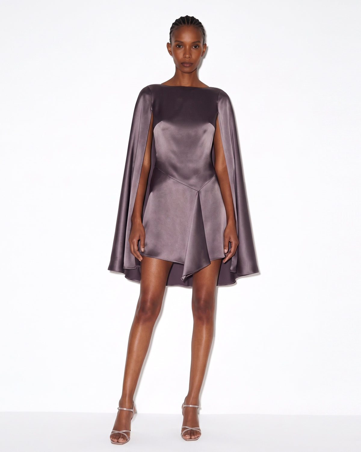 Satin Cape-Sleeve Asymmetric Mini Dress - Mauve