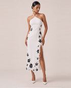 Flower Embroidered Halter Slit Midi Dress - White