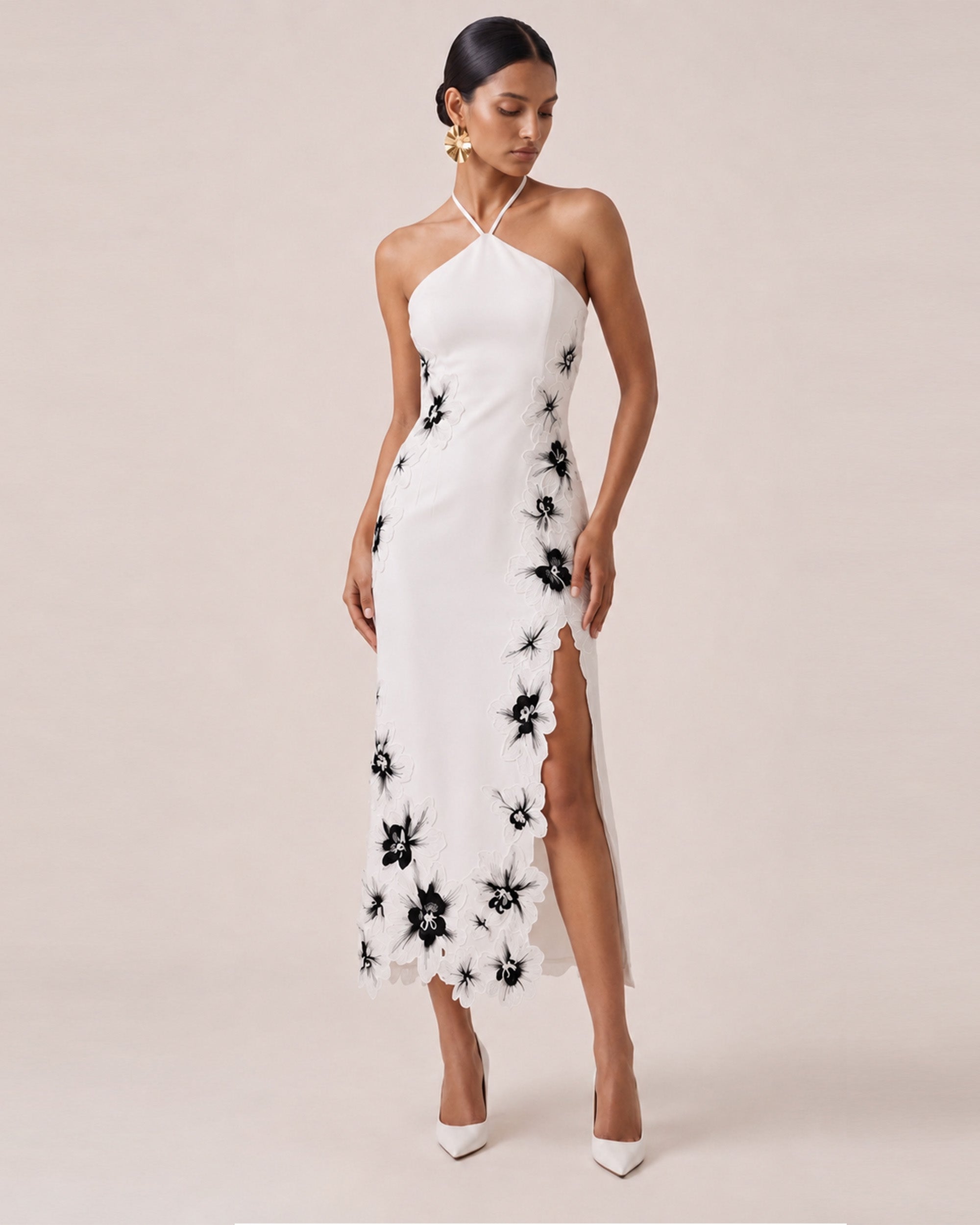 Flower Embroidered Halter Slit Midi Dress - White