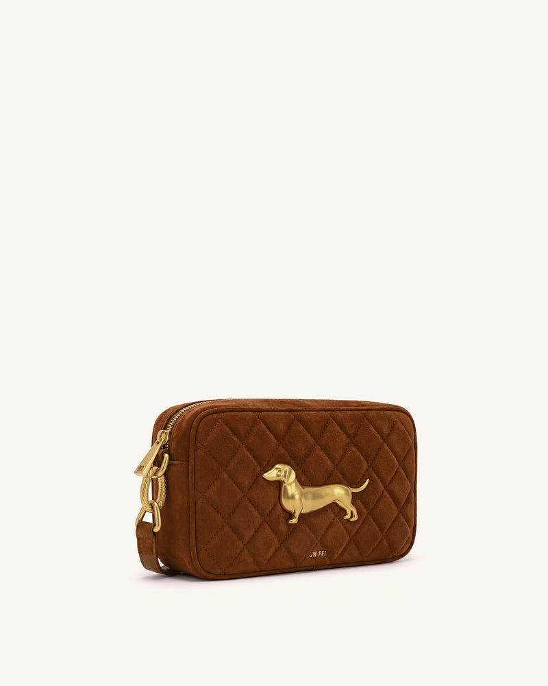 Riley Faux Suede Dachshund Quilted Shoulder Bag - Caramel Brown