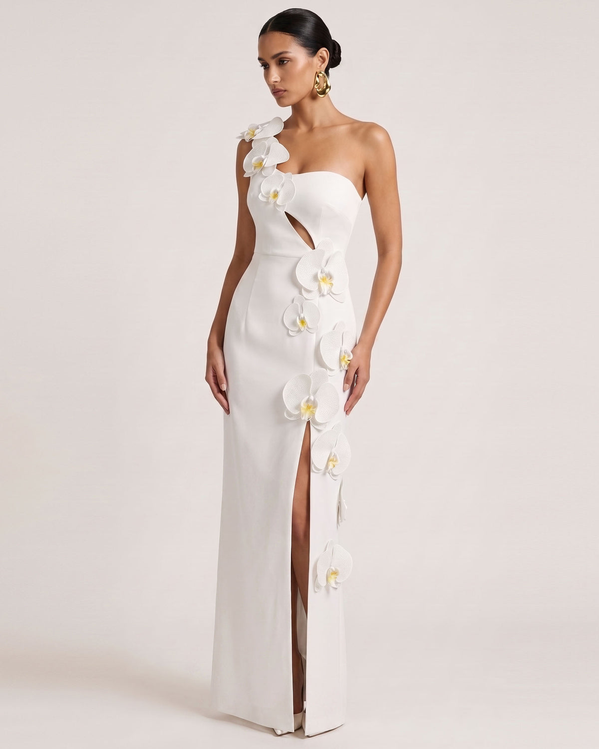 Orchid Embellished Cutout Slit Maxi Dress - White