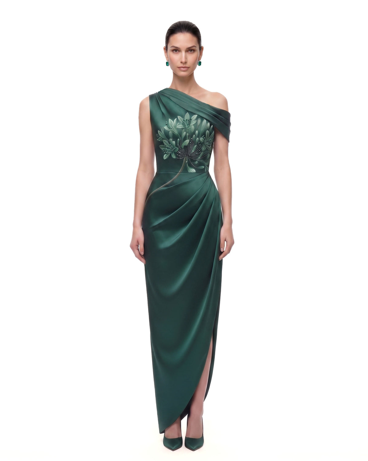 Floral One-Shoulder Draped Slit Maxi Dress - Emerald Green