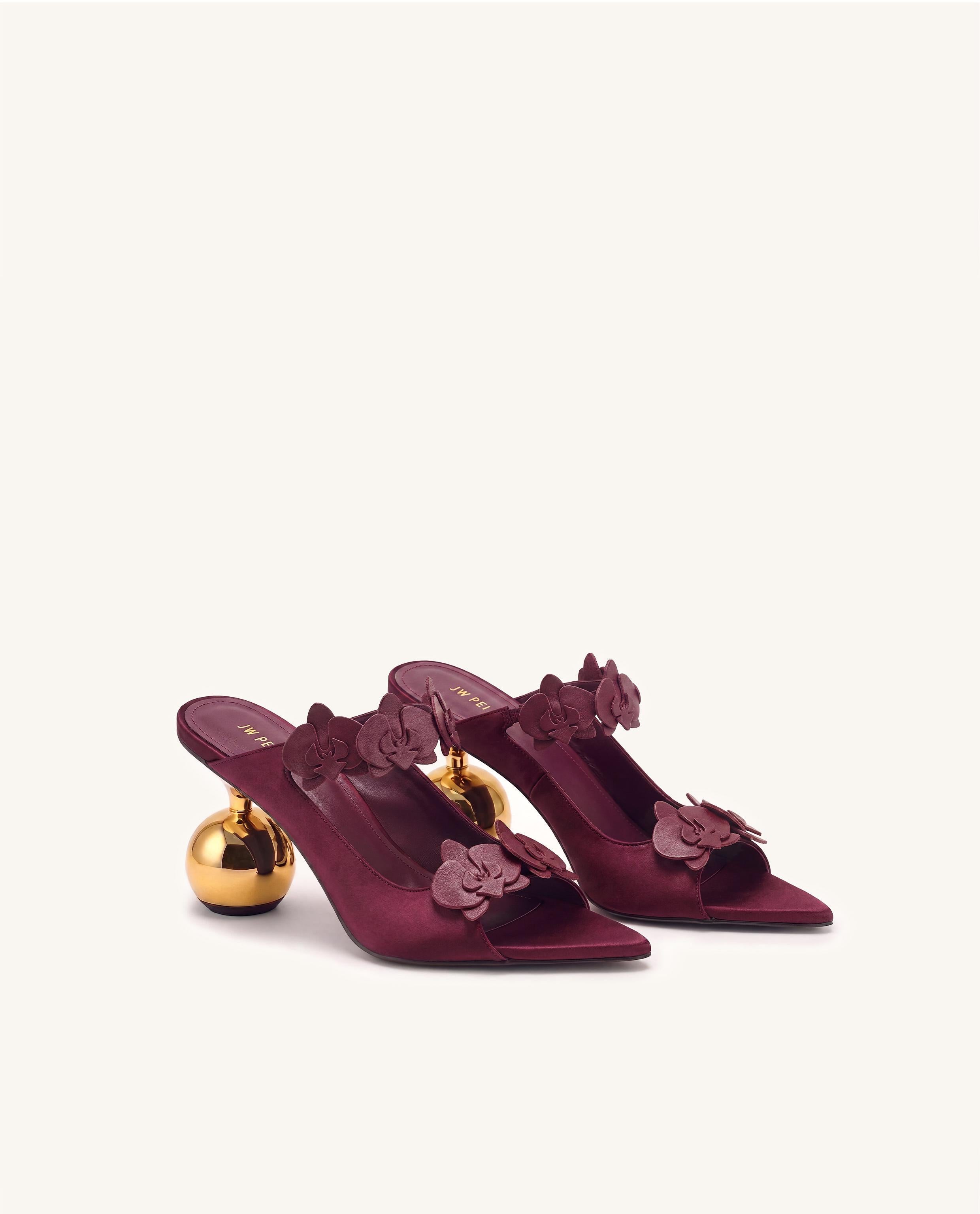 Rosalie Orchid Appliqué Sphere Heel Mules - Burgundy