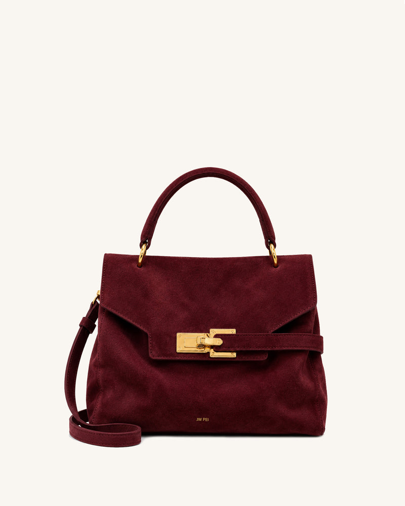 Keyla Faux Suede Belt Lock Top Handle Bag - Burgundy