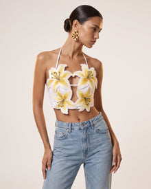 Lily Embroidered Halter Crop Top - White & Yellow